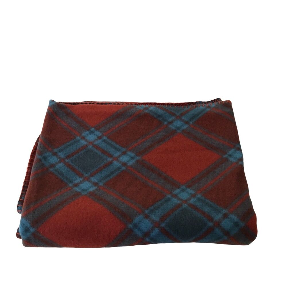 Denovo Brands Gorpcore Blanket  58 x 50 Rust Blue Plaid Warm Camping Couch Bed